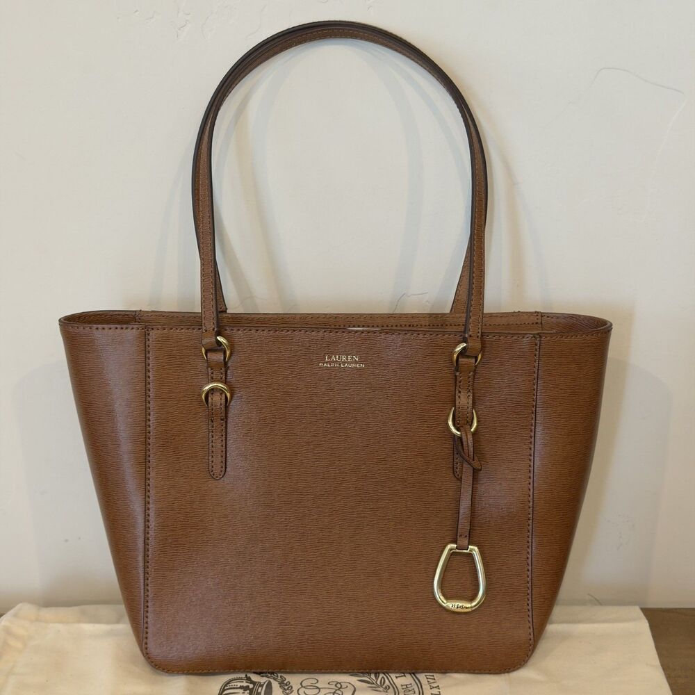 Lauren Ralph Lauren Bennington Tote Bag Brown Leather Medium Shopper Purse Charm